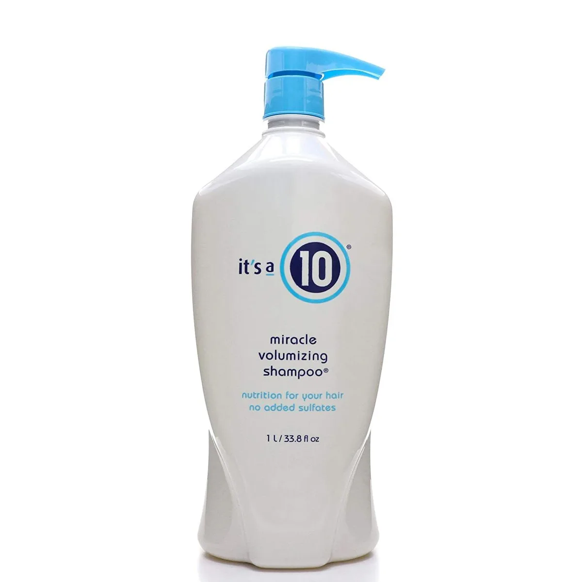Large white 33.8oz shampoo bottle with black cap and teal label