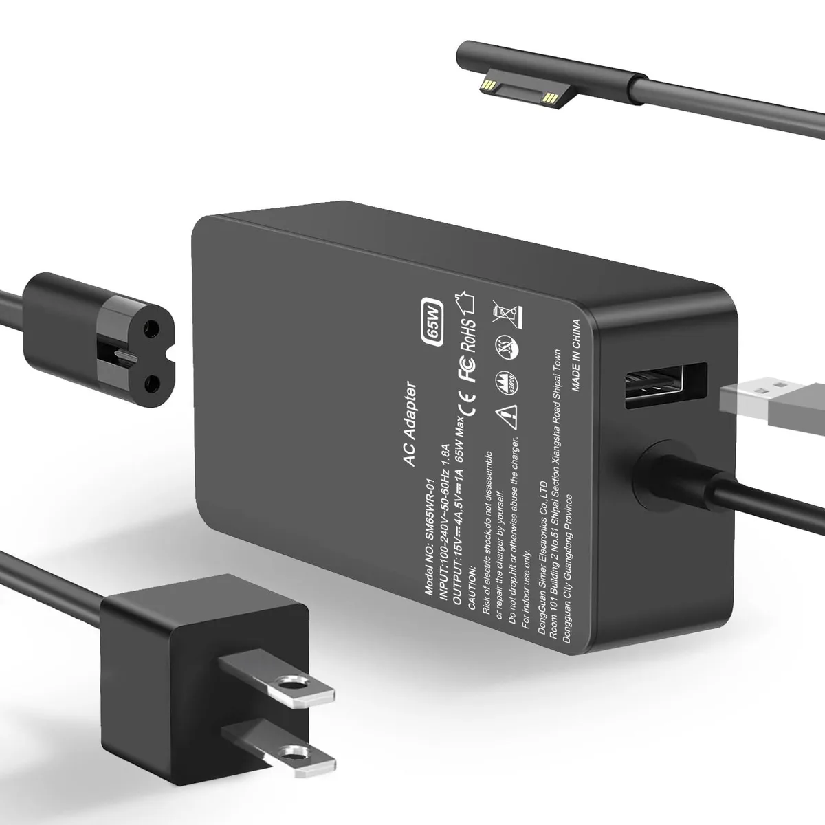 Black rectangular 85W Surface charger with magnetic connector and USB port