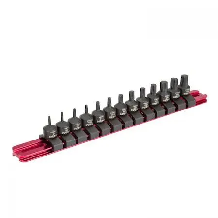 Transparent case holding 13 stubby star socket drivers on aluminum rail