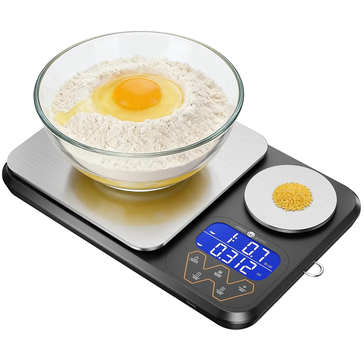 Black countertop kitchen scale with two weighing platforms and a backlit display