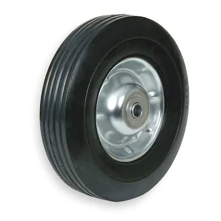 Black semi-pneumatic wheel with ribbed tread and steel hub, 12 inch diameter