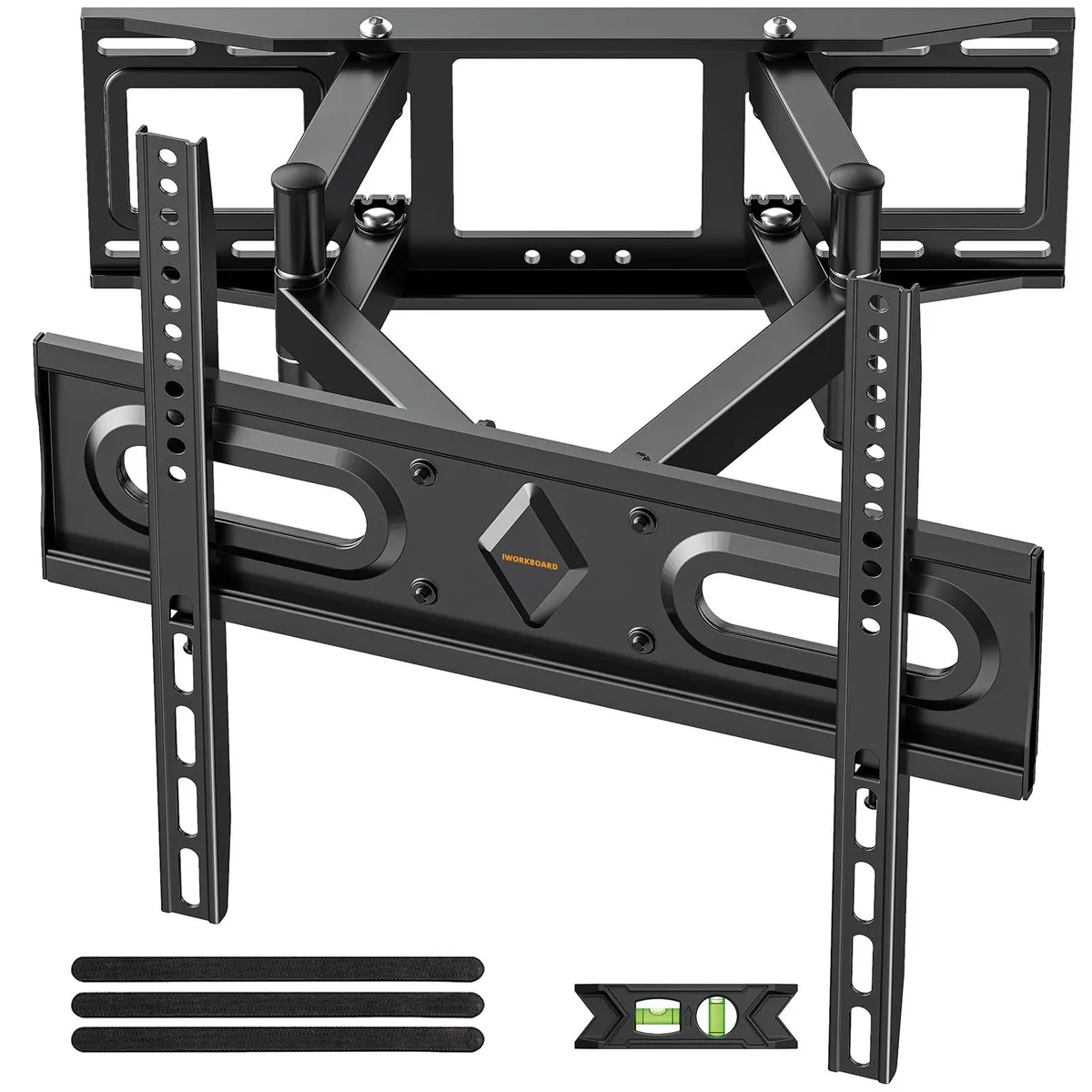 Black full-motion TV wall mount with dual articulating arms, 16-inch stud spacing, VESA 400x400mm