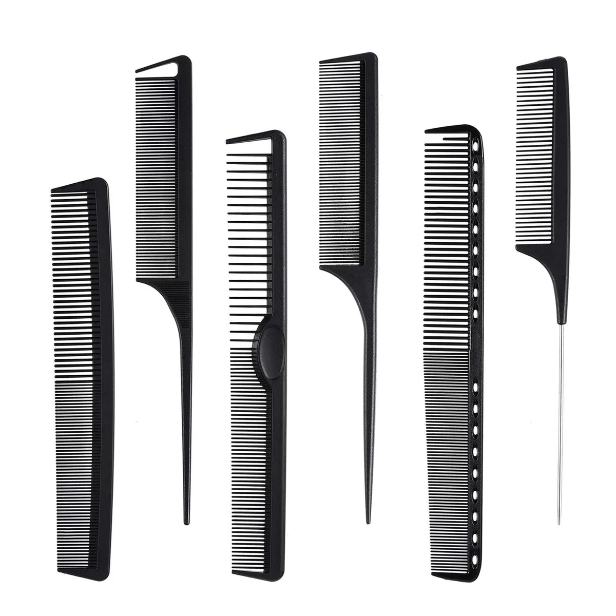Six black carbon-fibre combs, three cutting and three rat-tail, in a compact set