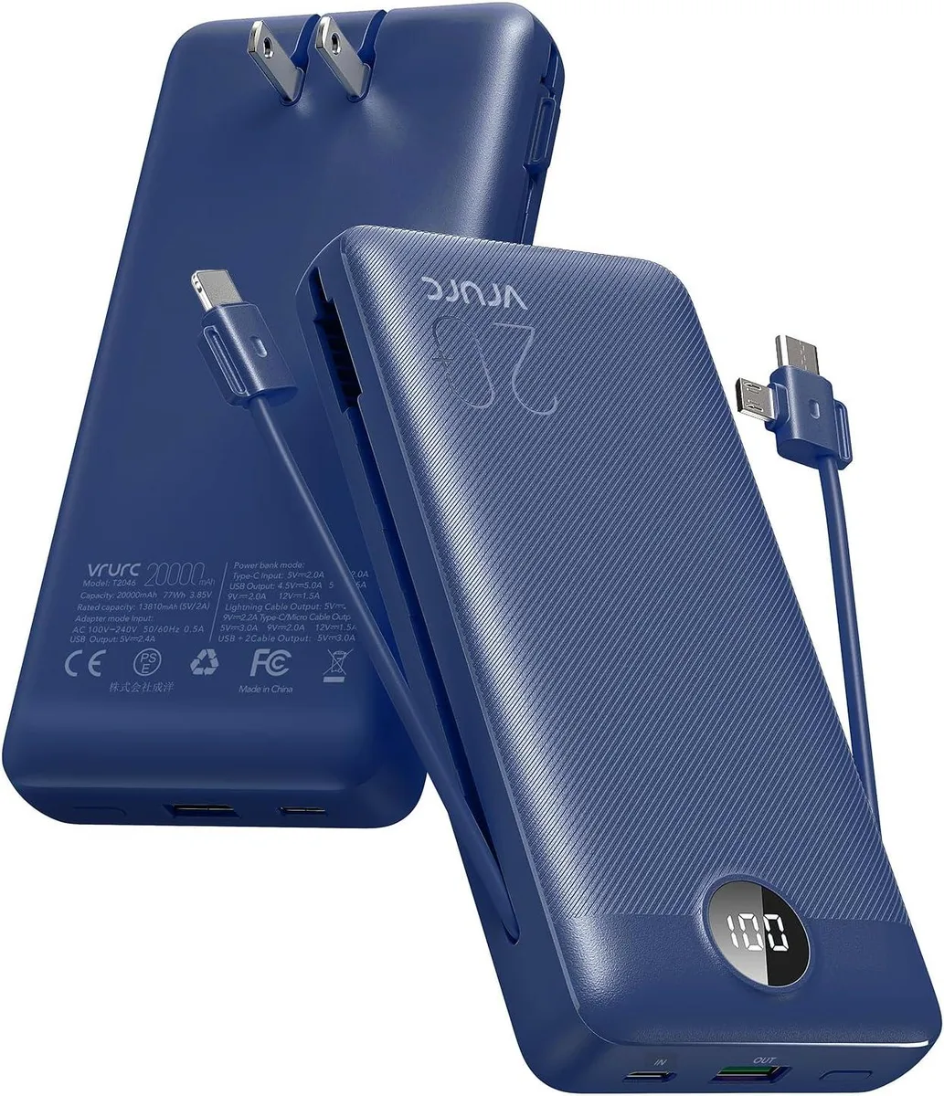 Navy rectangular power bank with folding wall plug built-in cables and LED display