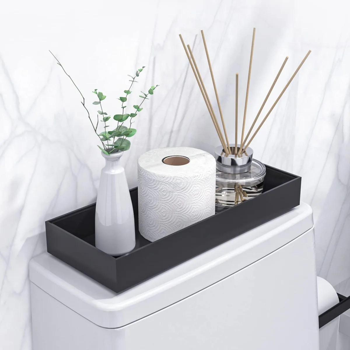 Two black rectangular storage trays with raised edges, 15 inch wide, smooth matte finish