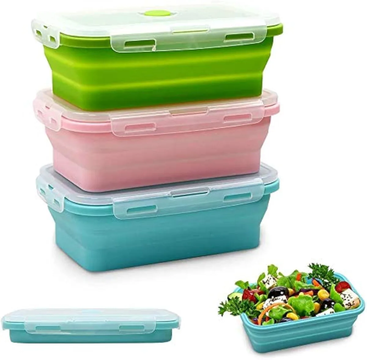Three red rectangular silicone containers collapsed flat with matching lids visible