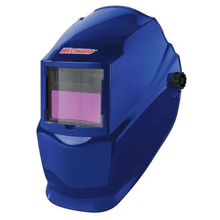 Blue auto-darkening welding helmet with nylon shell and five-point adjustable headgear