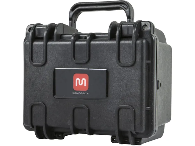 Black rectangular hard-shell camera case with customizable foam interior and pressure valve
