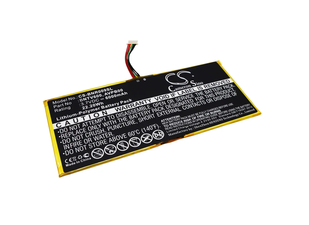 Rectangular replacement battery pack with label showing model BNTV600