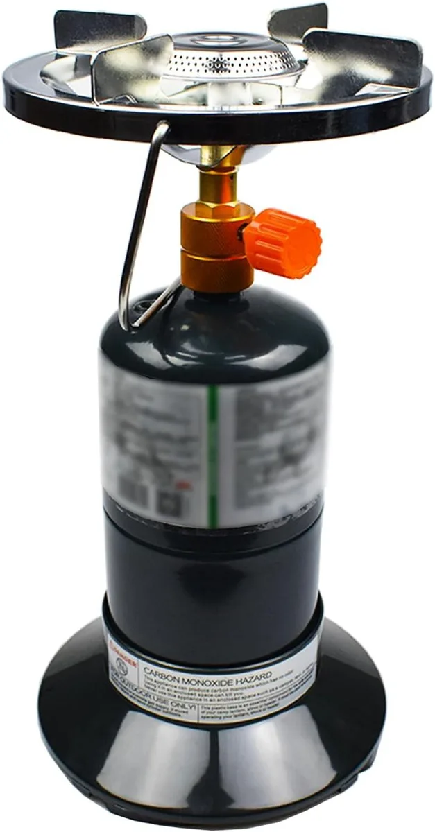 Silver bottletop propane stove with adjustable burner, black storage bag and collapsible bottle base