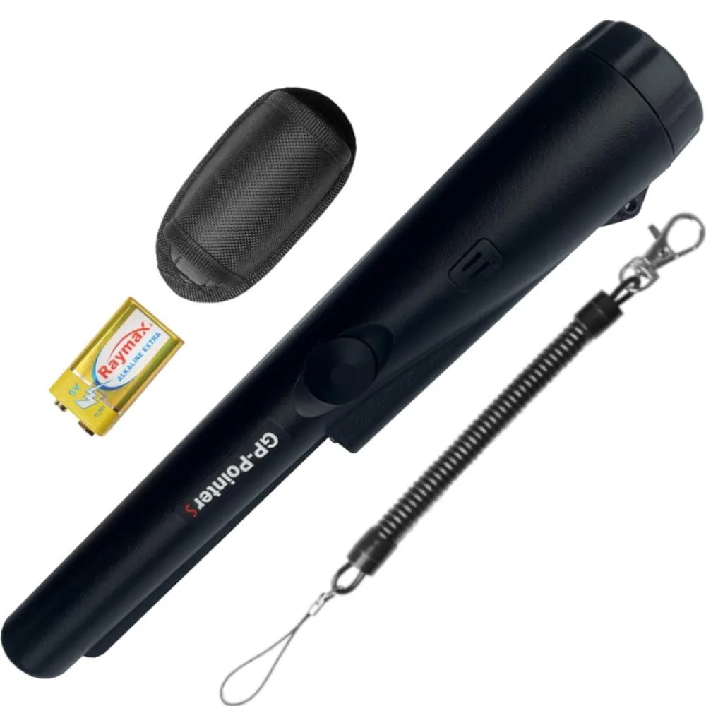 Black handheld pinpointer wand with 360° detection tip
