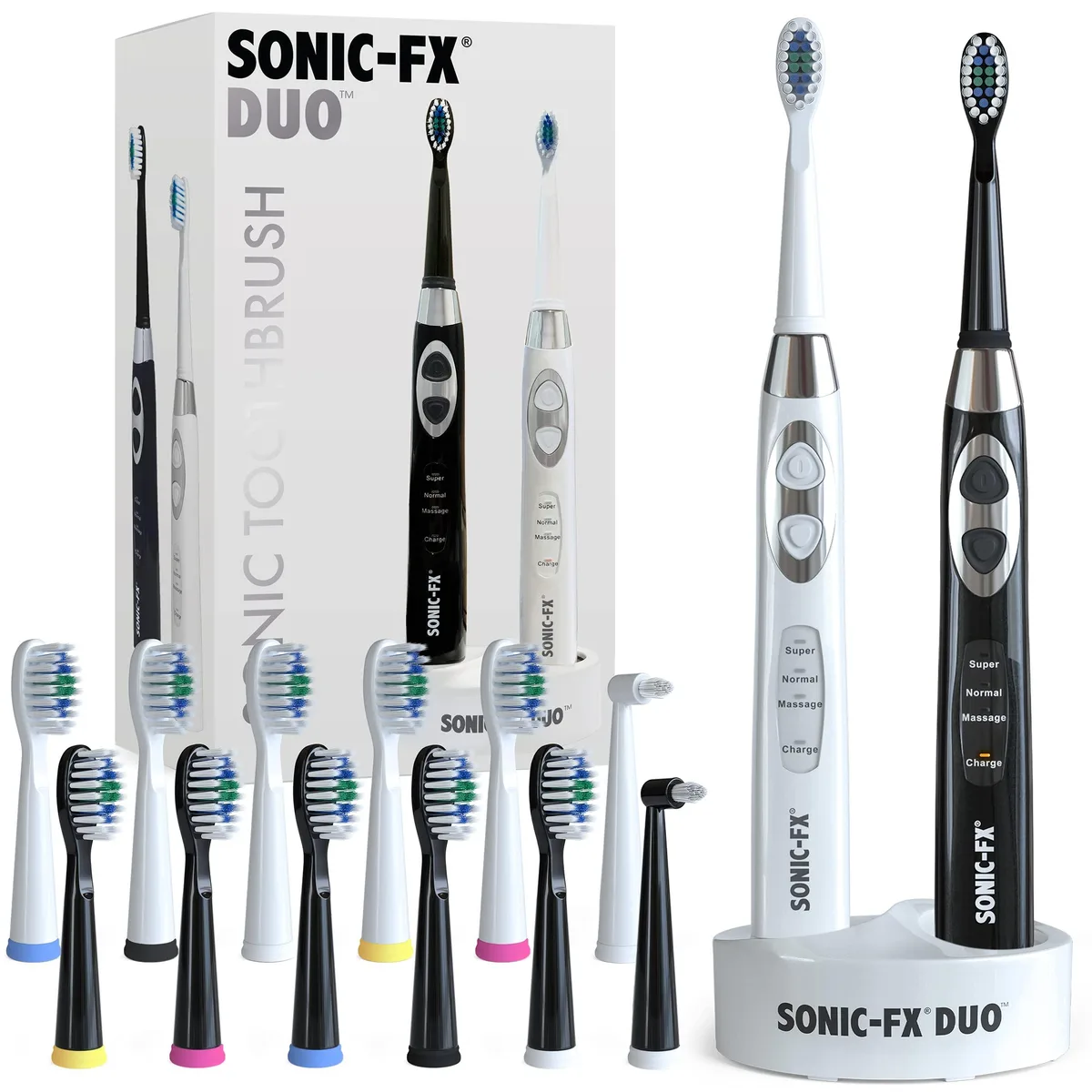 Black and white dual-handle electric toothbrush set with charging dock and multiple brush heads