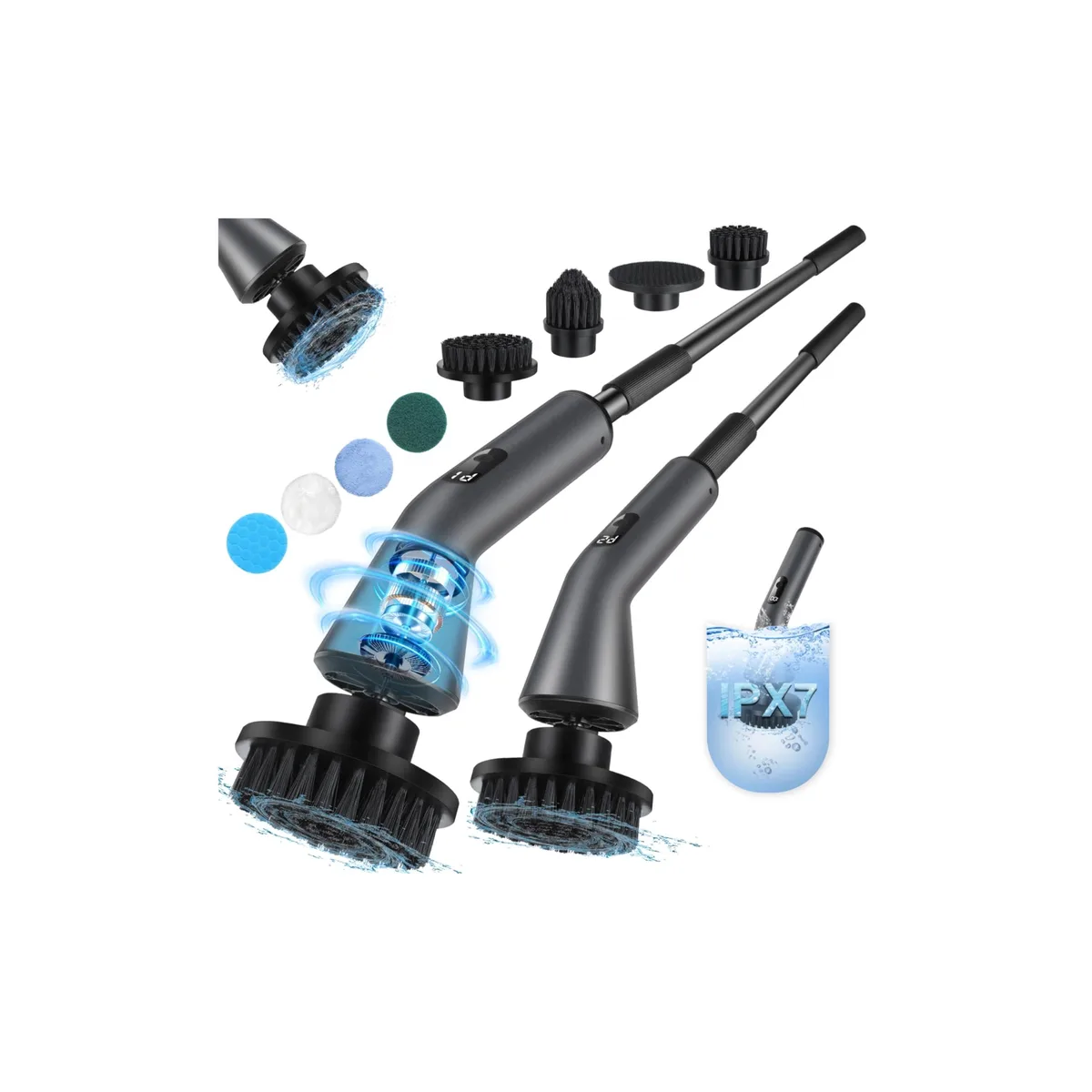 Electric spin scrubber with extendable handle and seven brush heads
