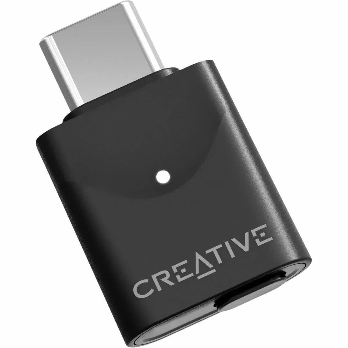 Tiny black USB-C wireless audio dongle, rectangular with rounded edges