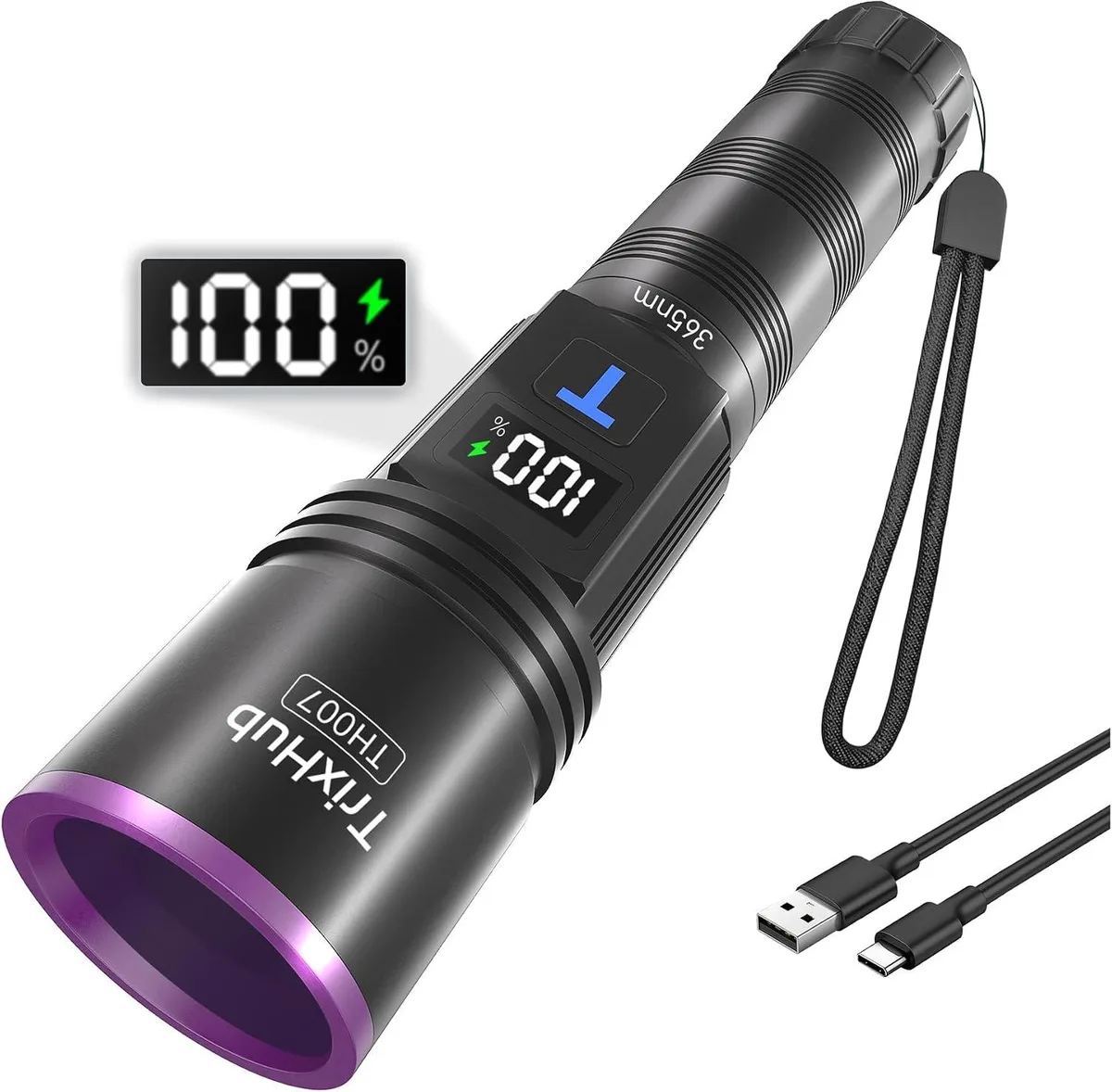MAONO 30W 365nm UV flashlight with LCD display, USB-C charging, aluminium body
