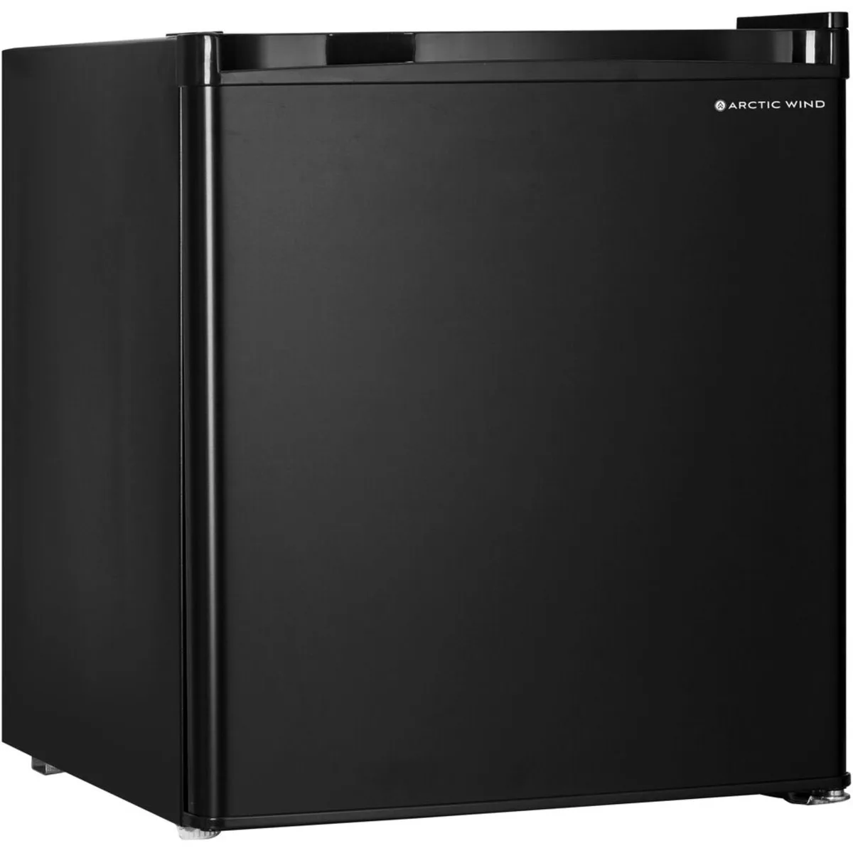 White single-door compact refrigerator with reversible hinge and adjustable legs