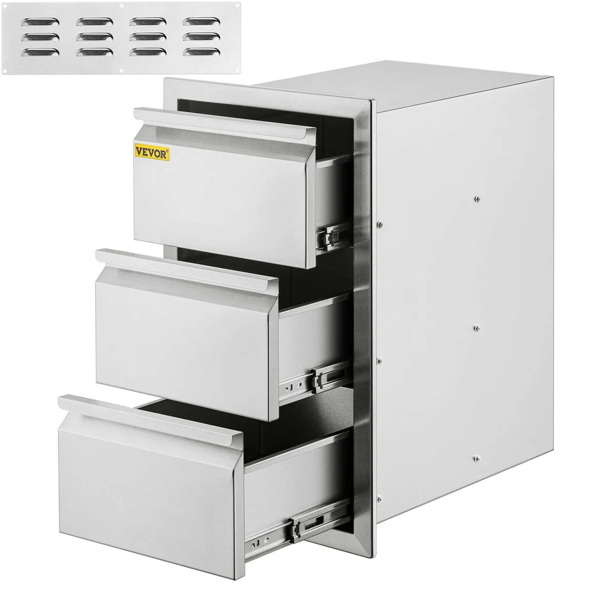 Stainless steel triple drawer unit 14.8 by 25.4 inches three compartments seamless corners sliding rails vented panel