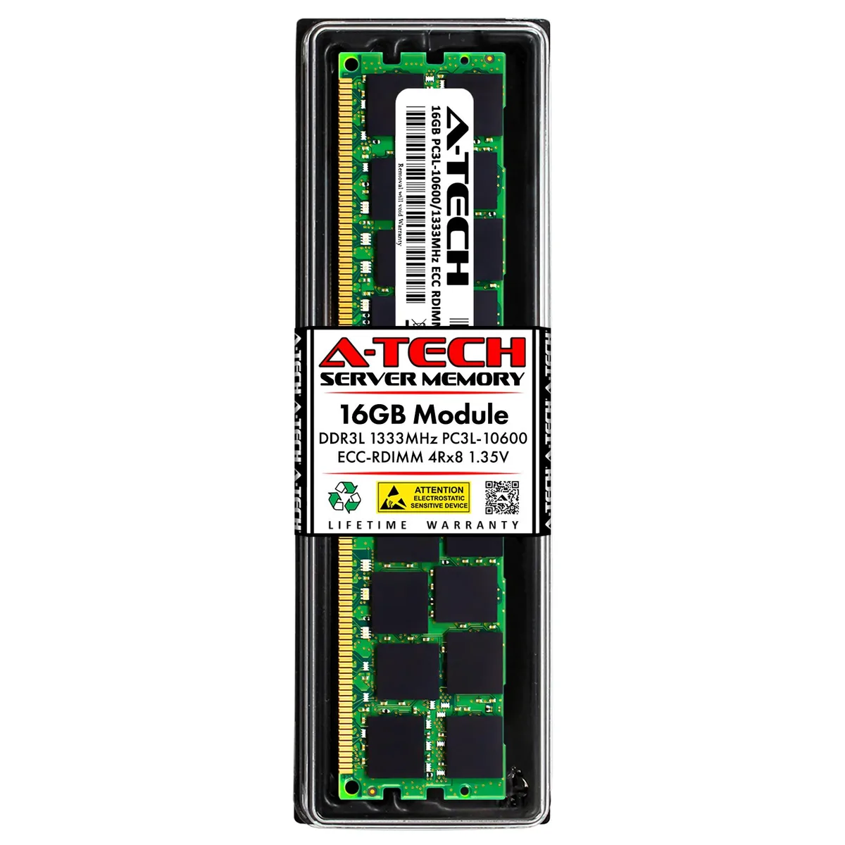 Green 240-pin DDR3L server DIMM with black chips and gold contacts