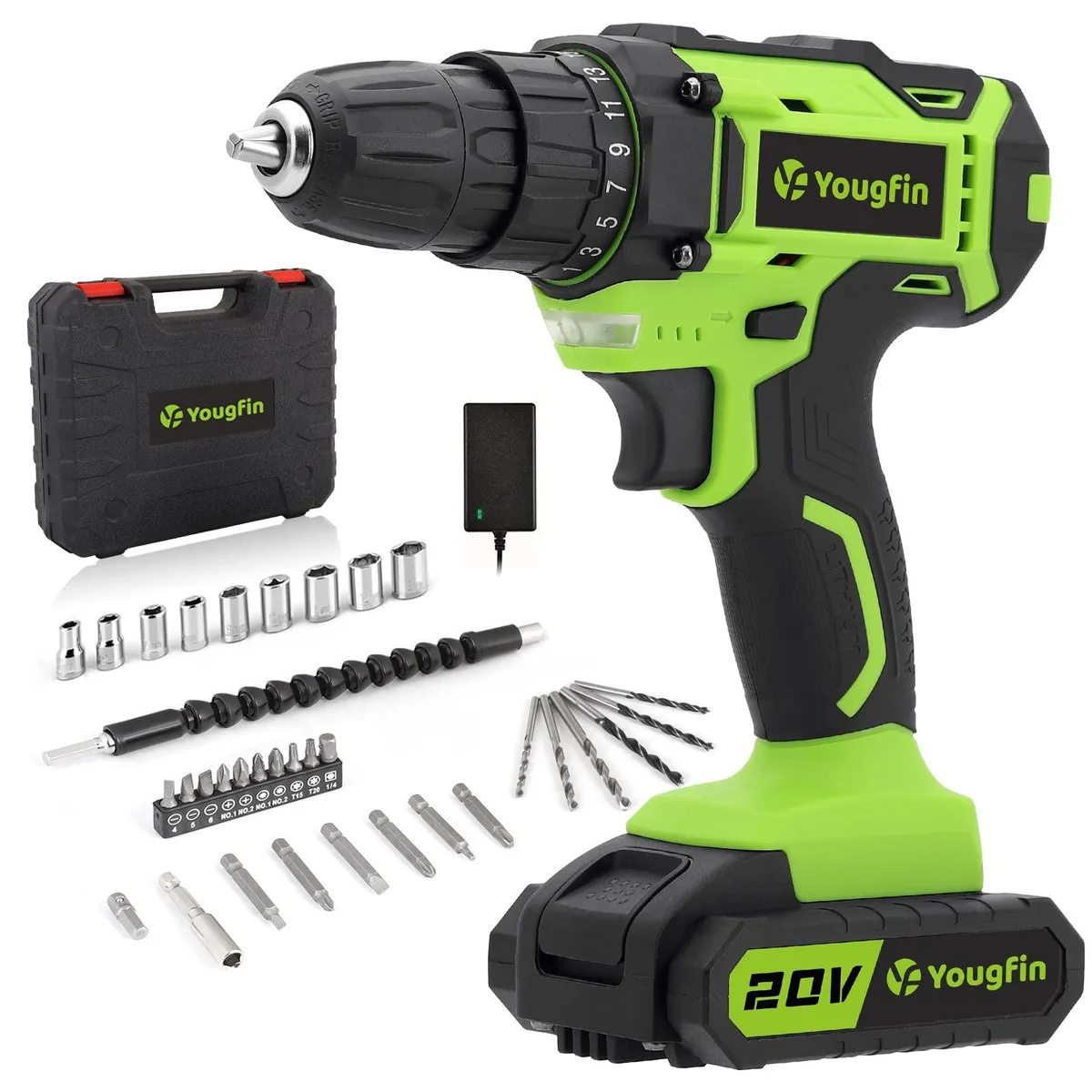  Yougfin 20v cordless drill driver set 34pcs 25+1 torque 266 in-lb 1.5Ah battery — product photo