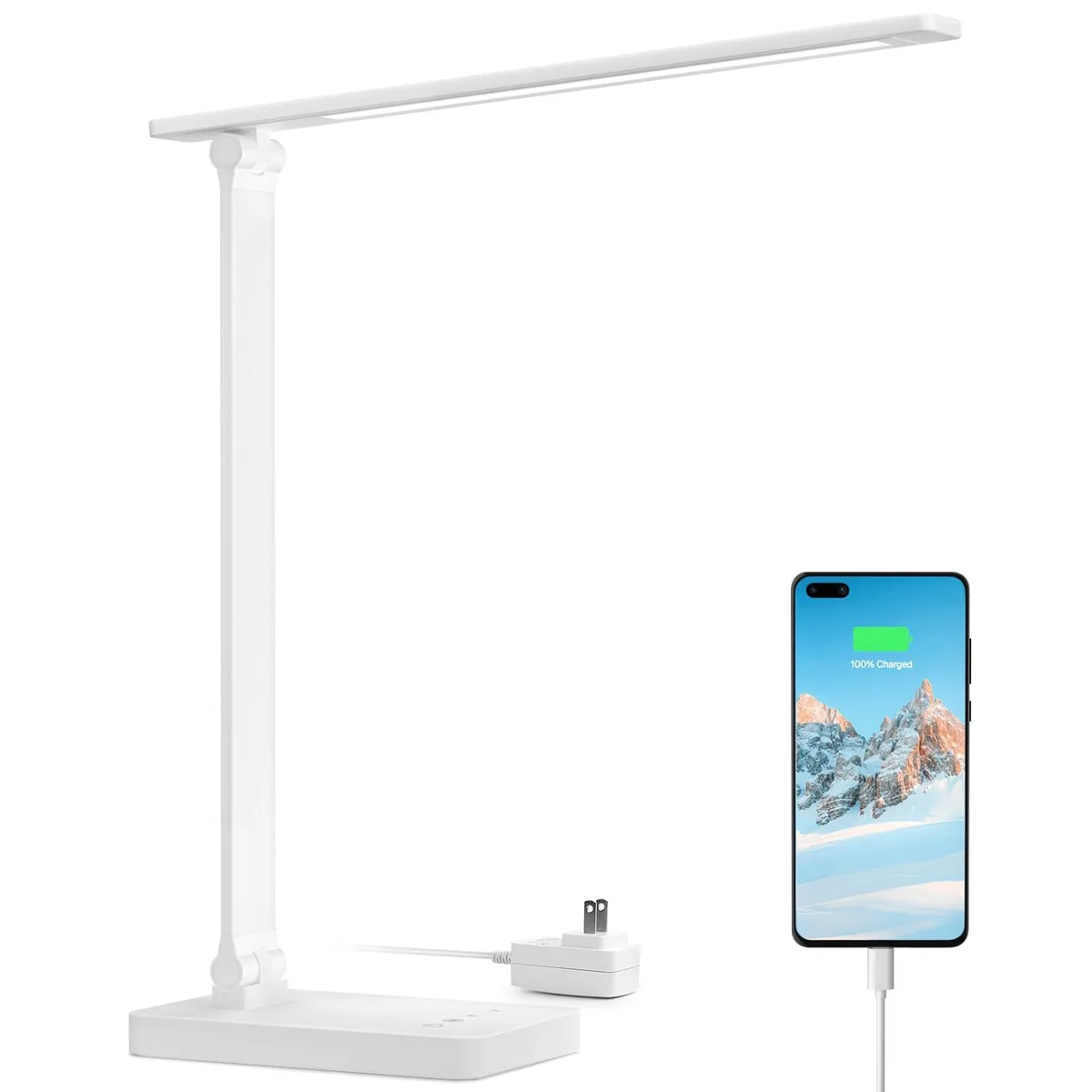 White matte lacquered LED desk lamp with straight form and USB charging port