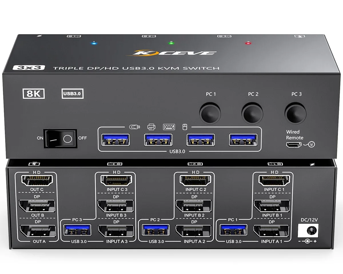 Vszerda Vszerda Triple Monitor KVM Switch 3 PC 8K 60Hz HDMI 2DP 4 USB 3.0 Wired Remote 12V — product photo