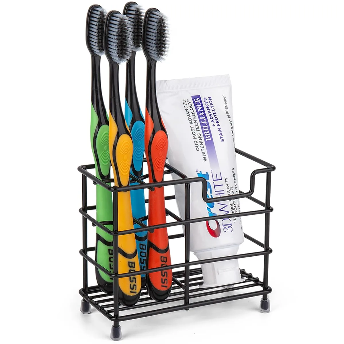 Black stainless steel bath storage with five angled slots and brushed finish