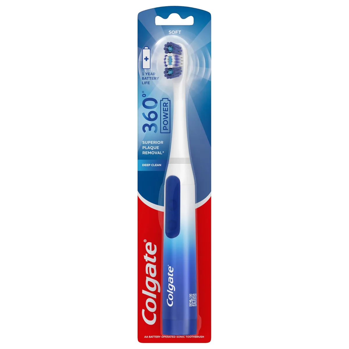 Blue battery-powered sonic toothbrush with rubber handle and soft bristles