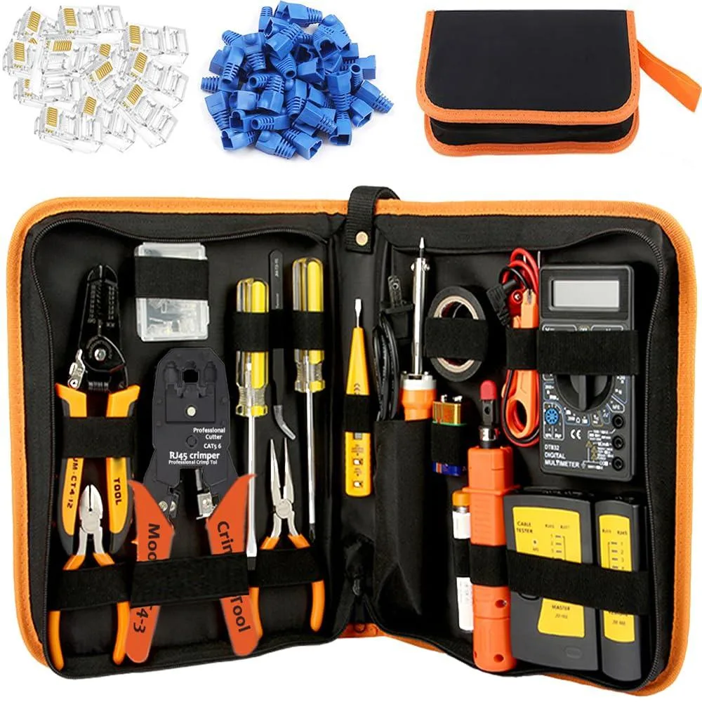Orange zippered nylon tool bag with crimper, tester and screwdriver handles visible