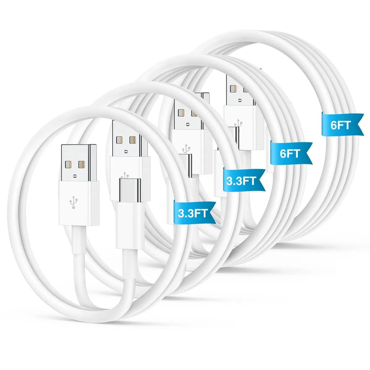 Four white USB A to USB C cables coiled together, two shorter and two longer
