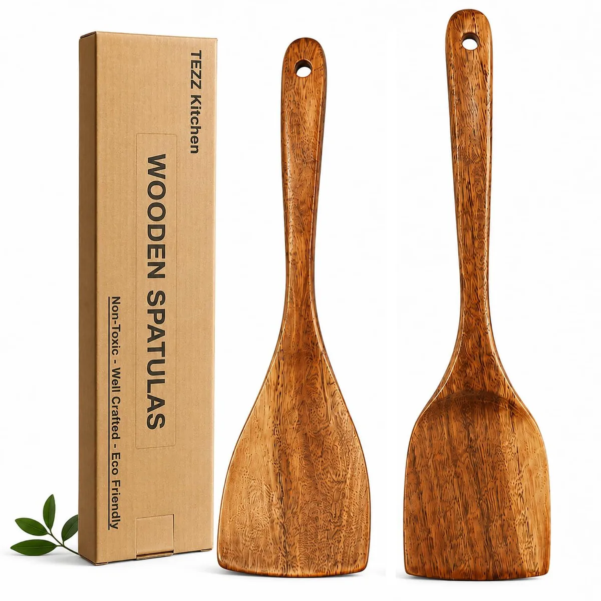 Two silver bamboo cooking utensils, spatula and turner, natural wood grain visible