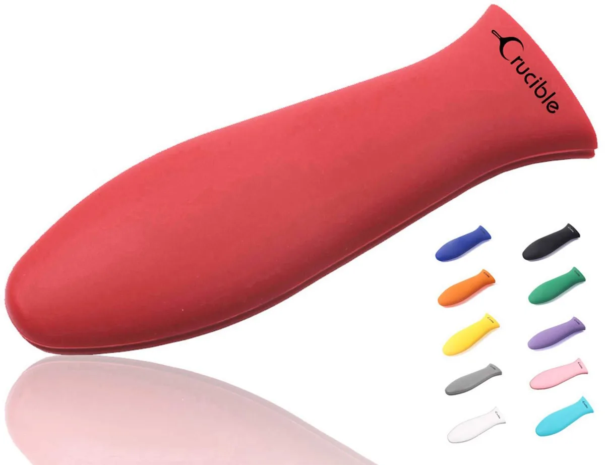 Red silicone handle sleeve with ribbed interior and hanging hole