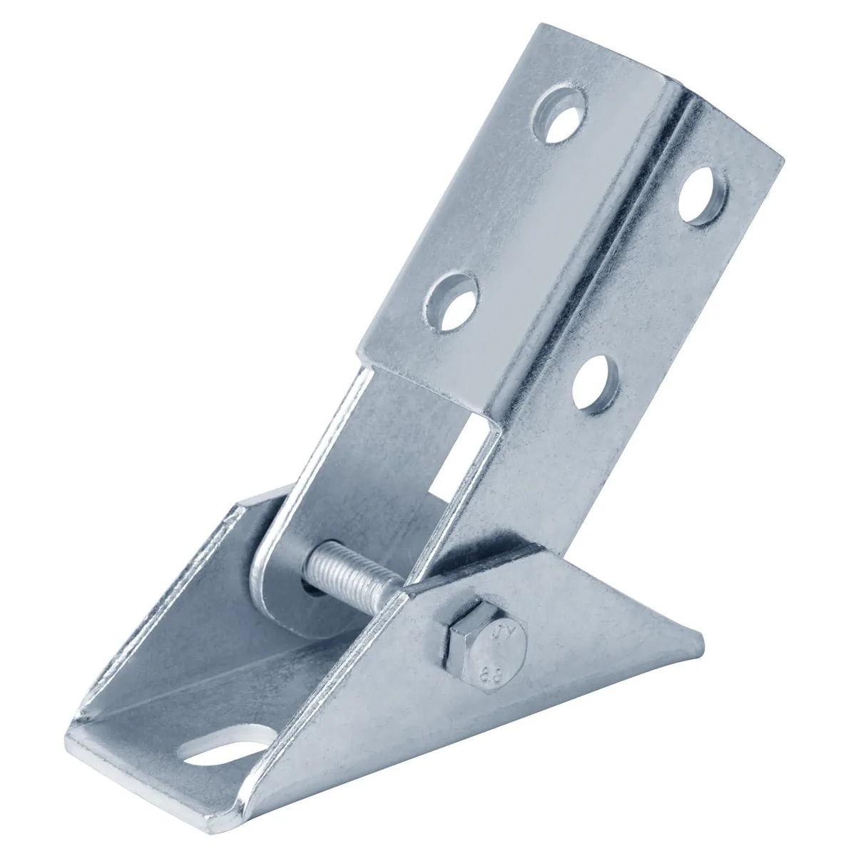 Two electro-galvanized steel adjustable angle brackets with pre-drilled holes for 1-5/8 inch strut channel