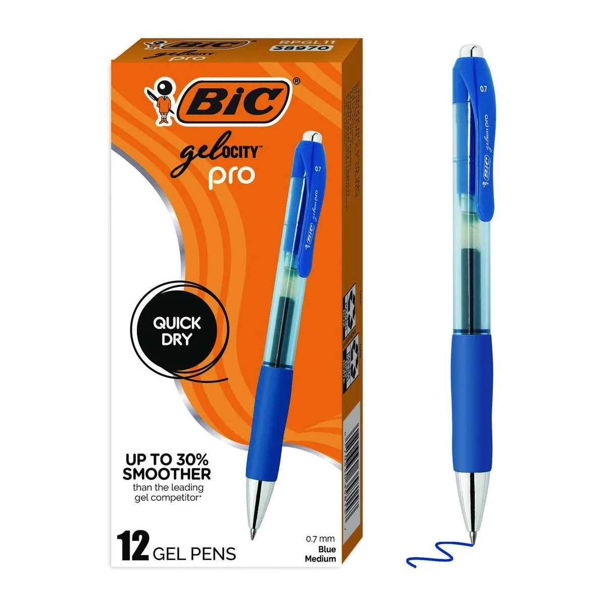 BIC BIC Gel-ocity Pro Quick Dry Gel Pen Retractable Medium 0.7 mm Blue Ink Blue/Clear Barrel 12/Pack — photo du produit