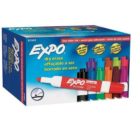 Twelve Expo dry-erase markers with chisel tips in assorted colours