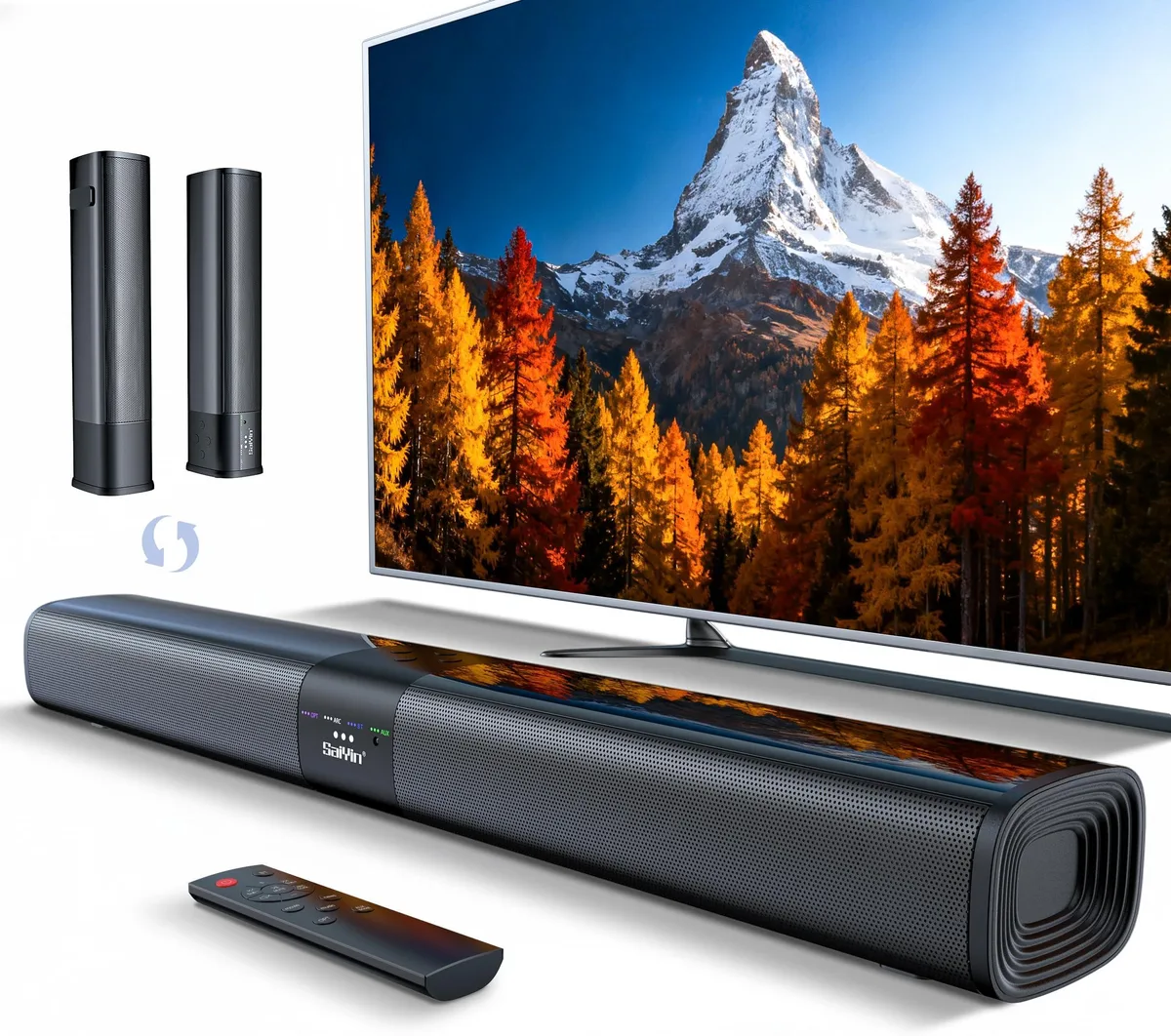 Black soundbar with rounded corners and detachable base, compact rectangular form factor