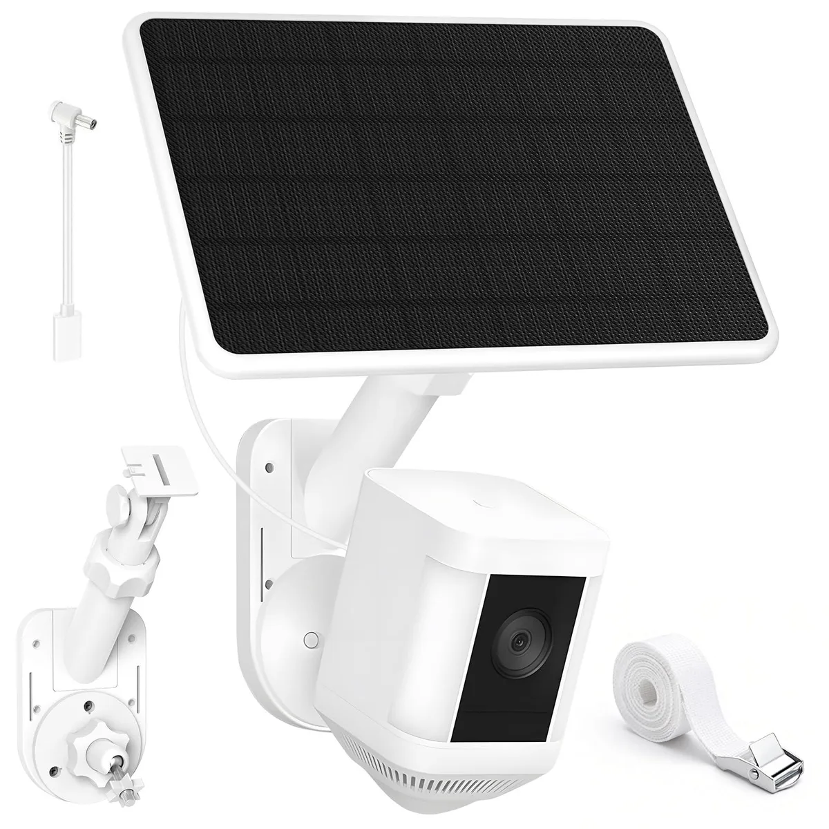 White rectangular solar panel with integrated camera bracket, wall and pole mount, 360 degree adjustable
