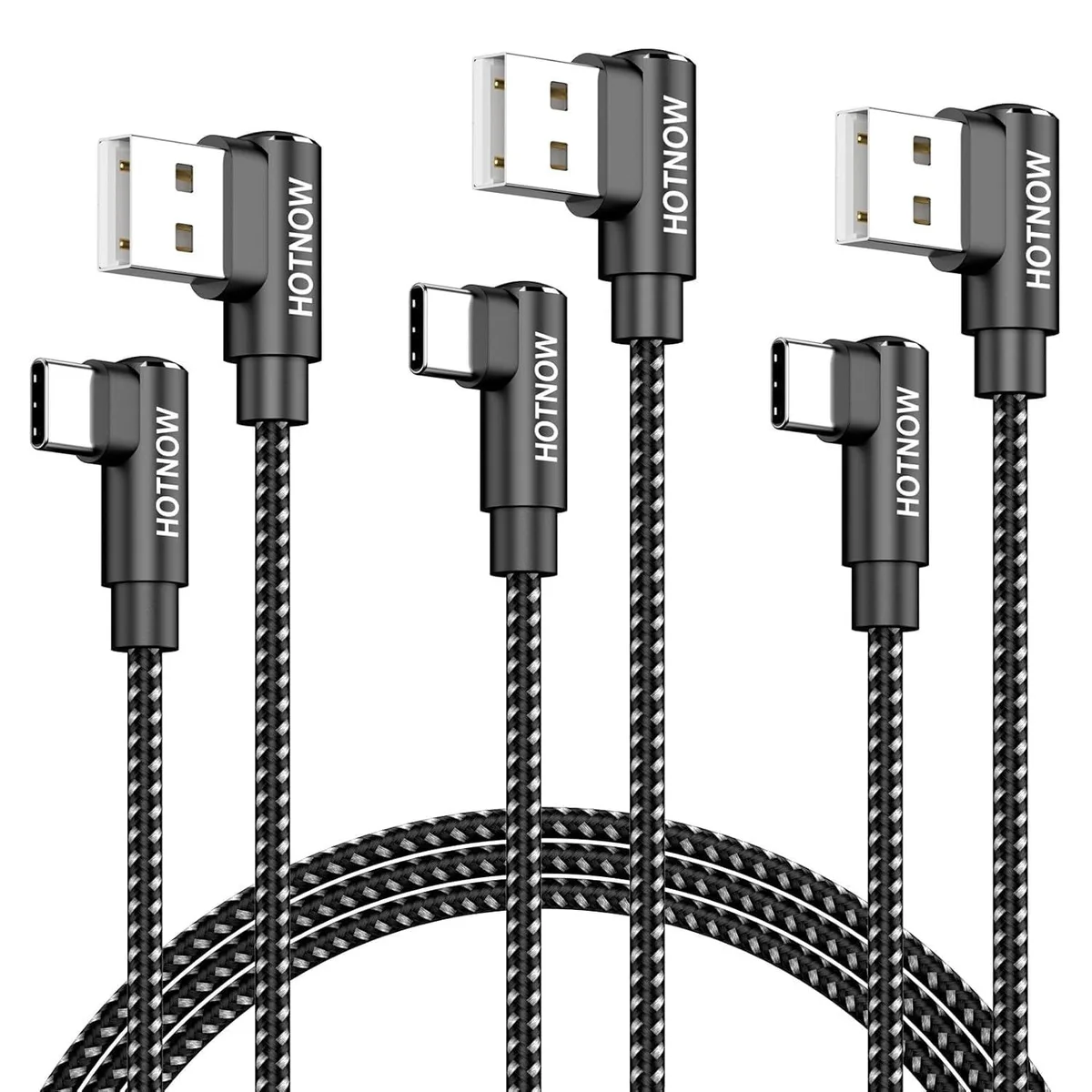 Three black braided USB-A to USB-C right-angle cables coiled together