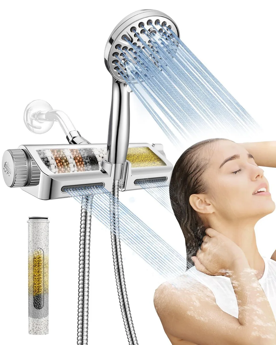 Chrome dual shower head combo with handheld unit and filter housing, 12 pack