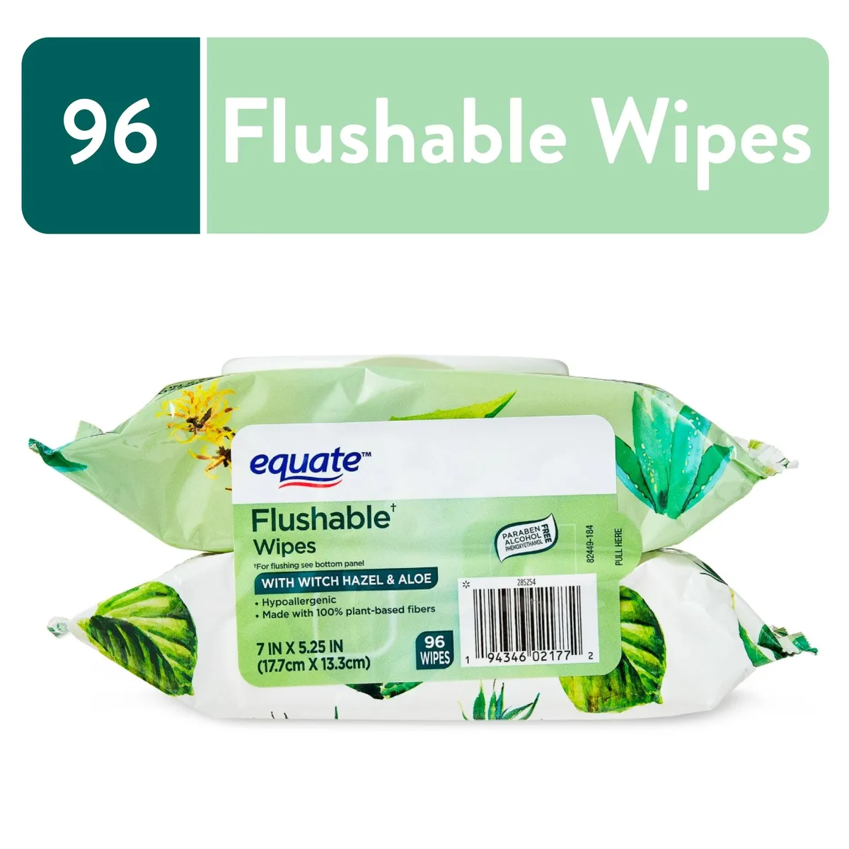 Two white pop-up tubs of flushable wet wipes, 96 total, witch hazel and aloe formula