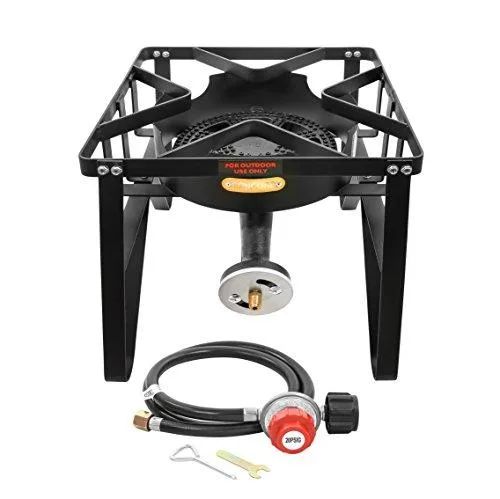 Square metal propane burner on four legs with regulator hose and 10 inch burner head