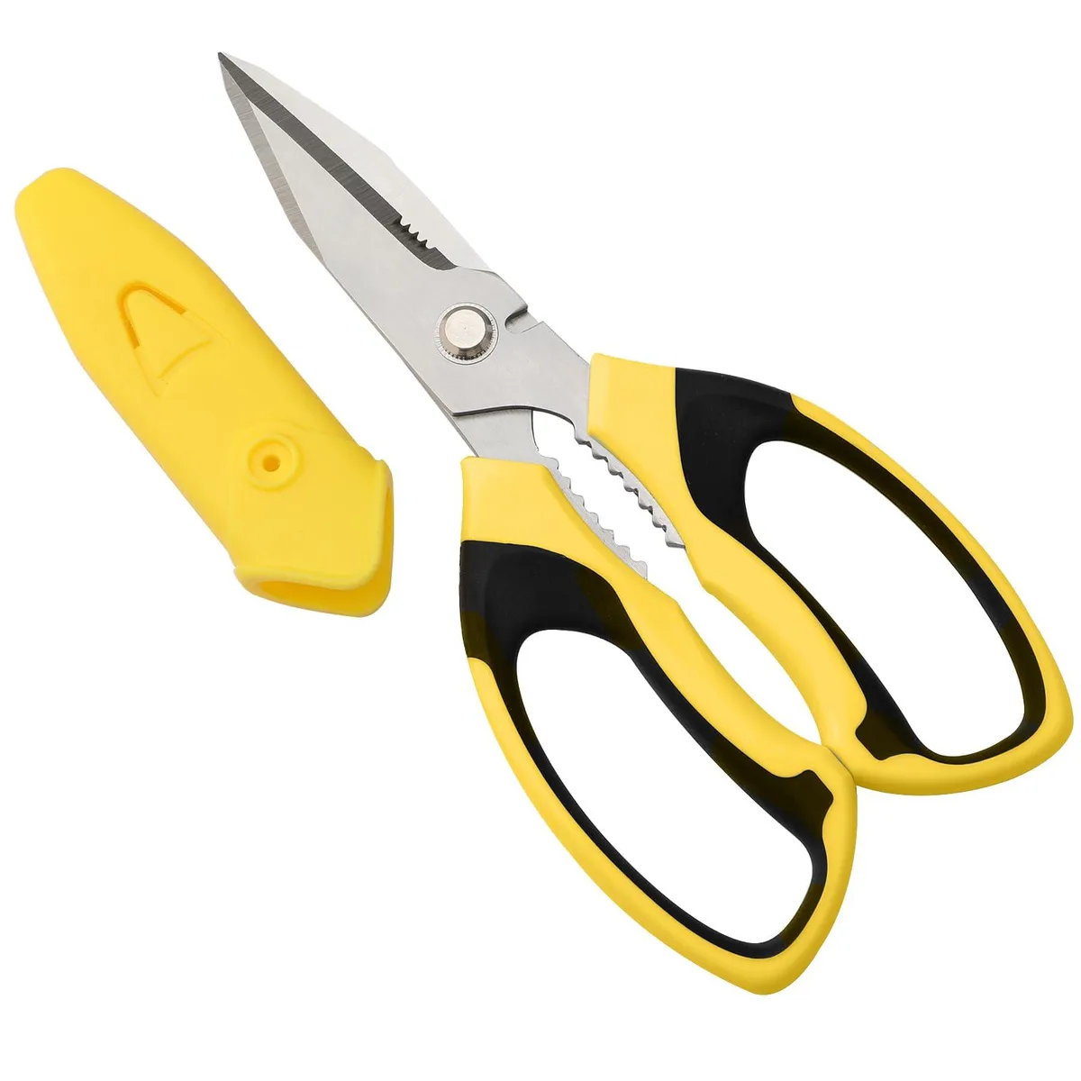 Blue 8-inch serrated stainless steel scissors with yellow and black comfort grip handles and protective cover