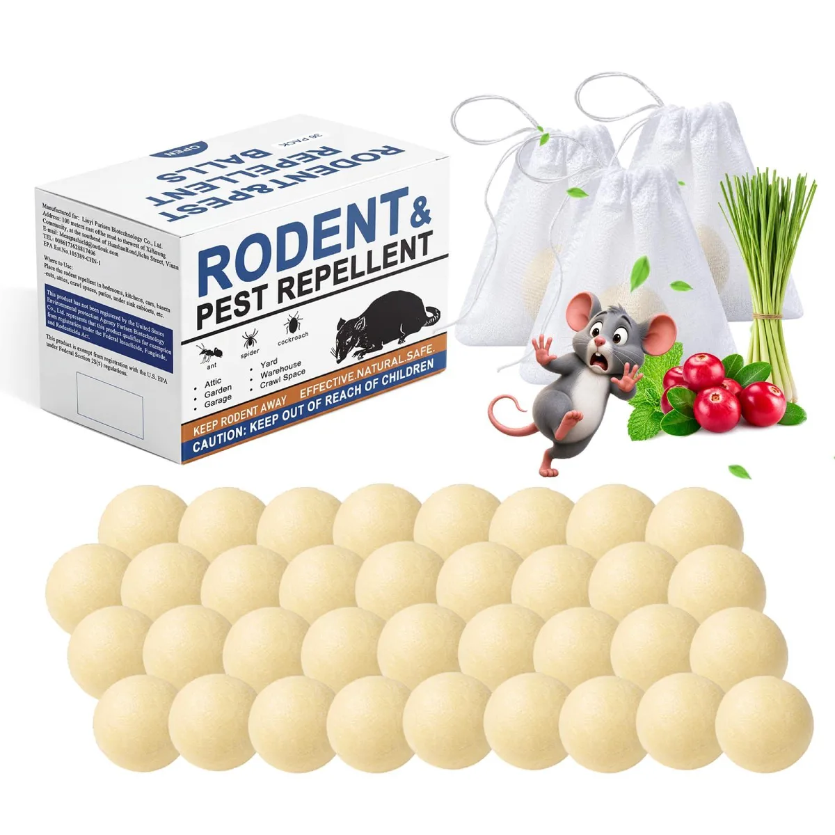 Thirty-six peppermint rodent repellent balls in a pack