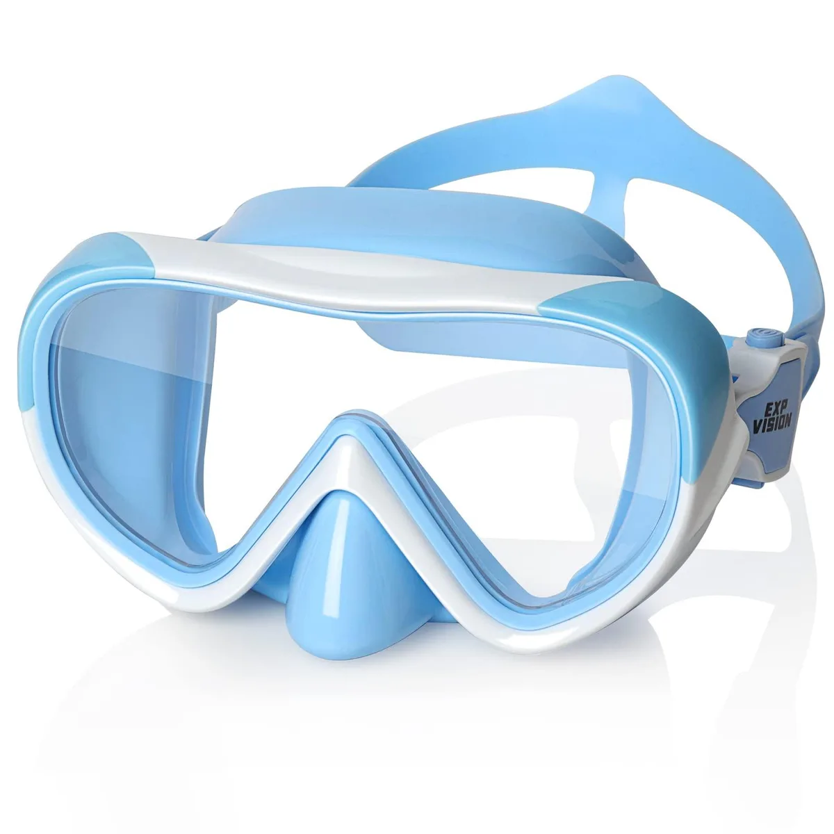 Blue kids swim mask with single wide lens and integrated nose cover