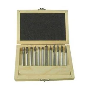 A 12-piece carbide bur set with assorted head shapes in a case