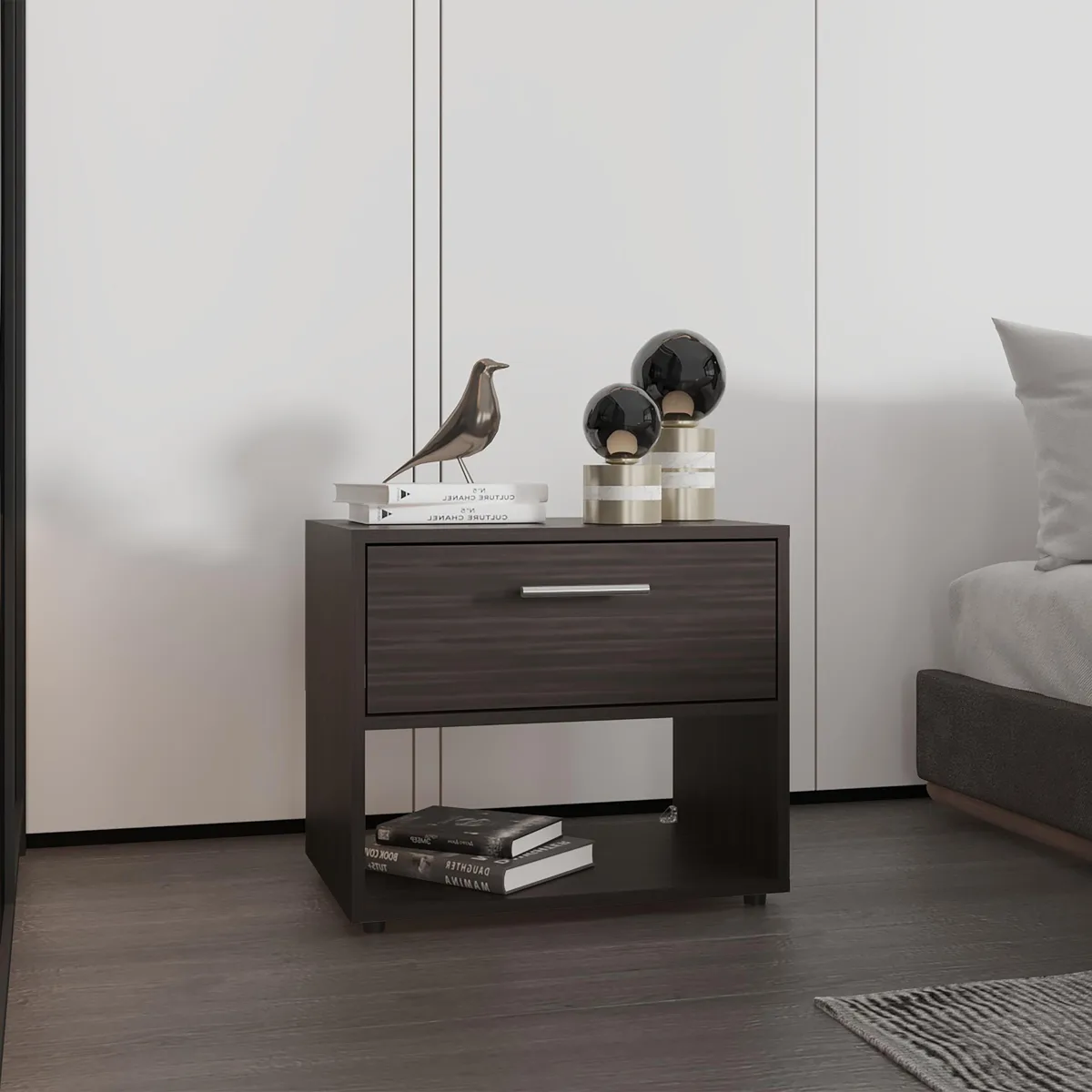 tuphen tuphen Nightstand 1 Drawer 1 Shelf 4 Legs Walnut Engineered Wood — product photo