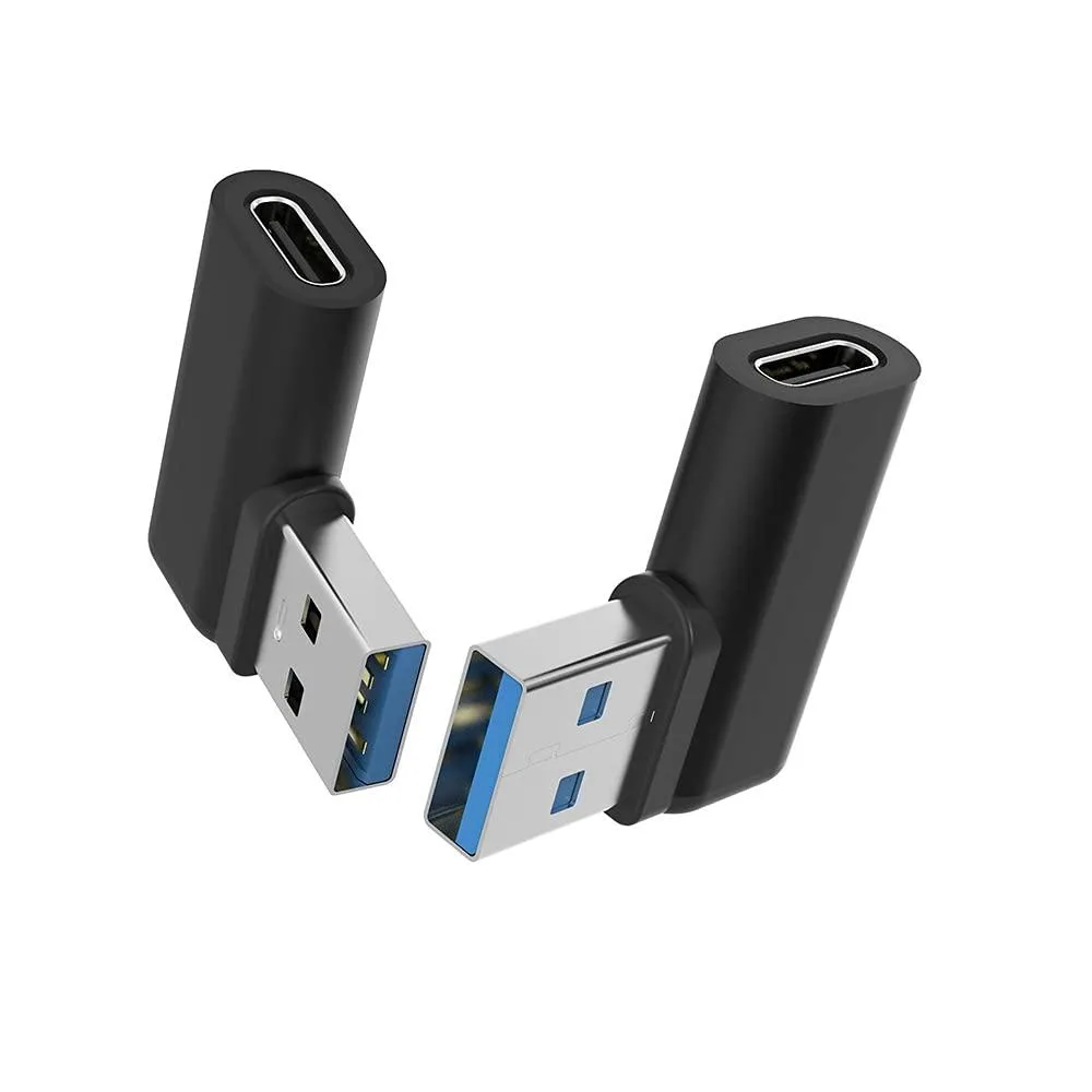 Two black right-angle USB-C female to USB-A male adapters