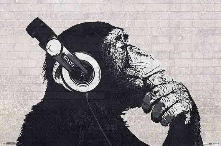 Poster print of a chimp wearing headphones, 34 by 22 inches