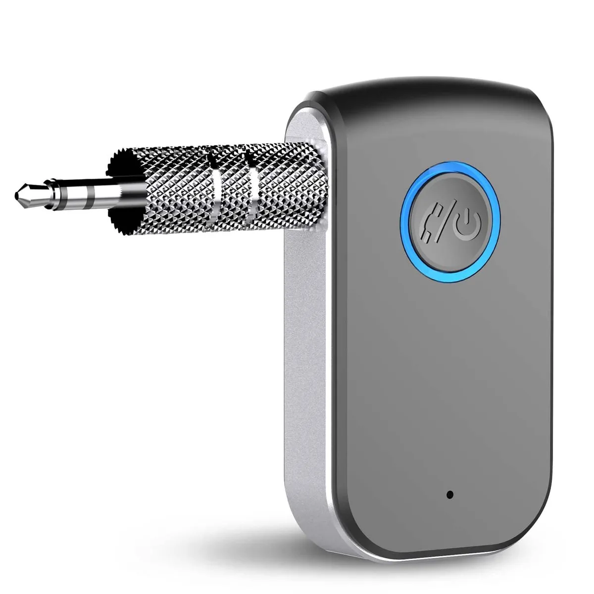 Small rectangular black plastic Bluetooth 5.0 receiver with 3.5mm plug