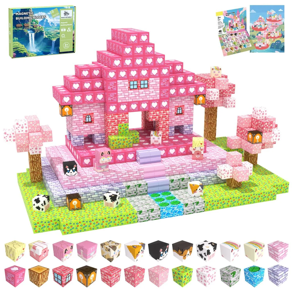 Set of 48 pink magnetic cubes in 24 designs
