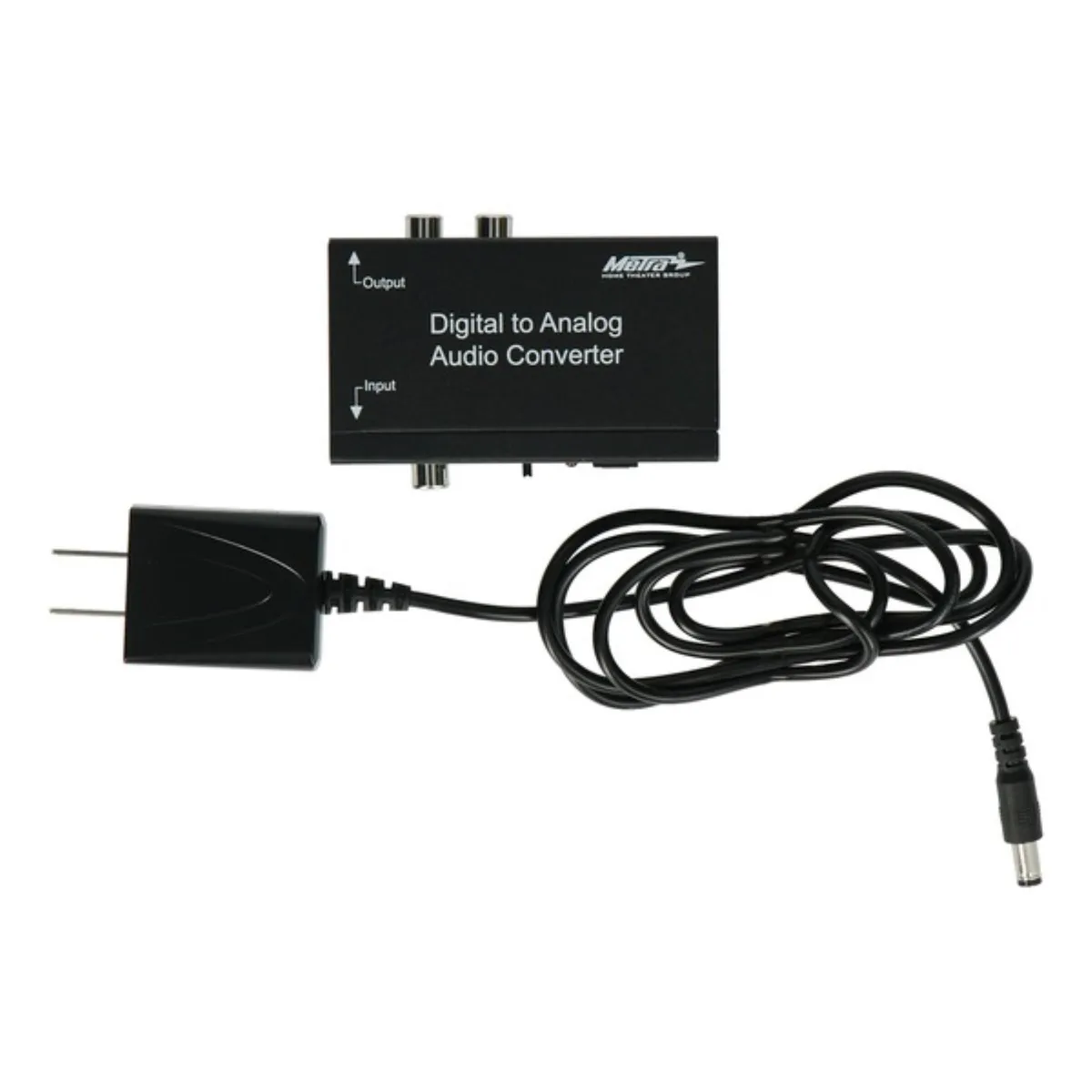 Small black box with optical and coaxial inputs, RCA outputs, input selector switch and power socket